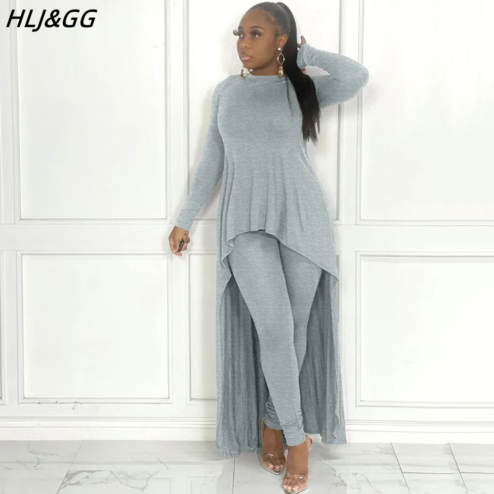 Top Trends: HLJ&GG Fall Winter Casual Irregular Top + Skinny Pants Two Piece Sets Women Outfits Female Solid Color Matching 2pcs Tracksuits Shoppable Styles - Image 4