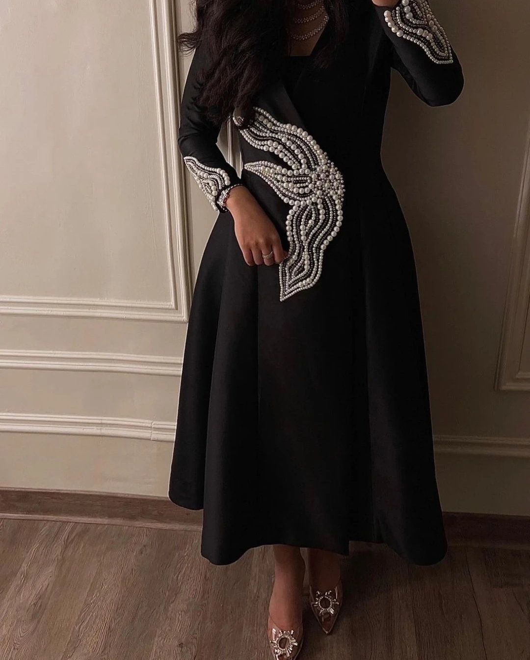 Top Trends: AsaNagi Black Satin Pearls Evening Dresses Ankle V Neck A Line Vintage Formal Party Dress 2023 Saudi Arabic فساتين سهره فاخره Shoppable Styles