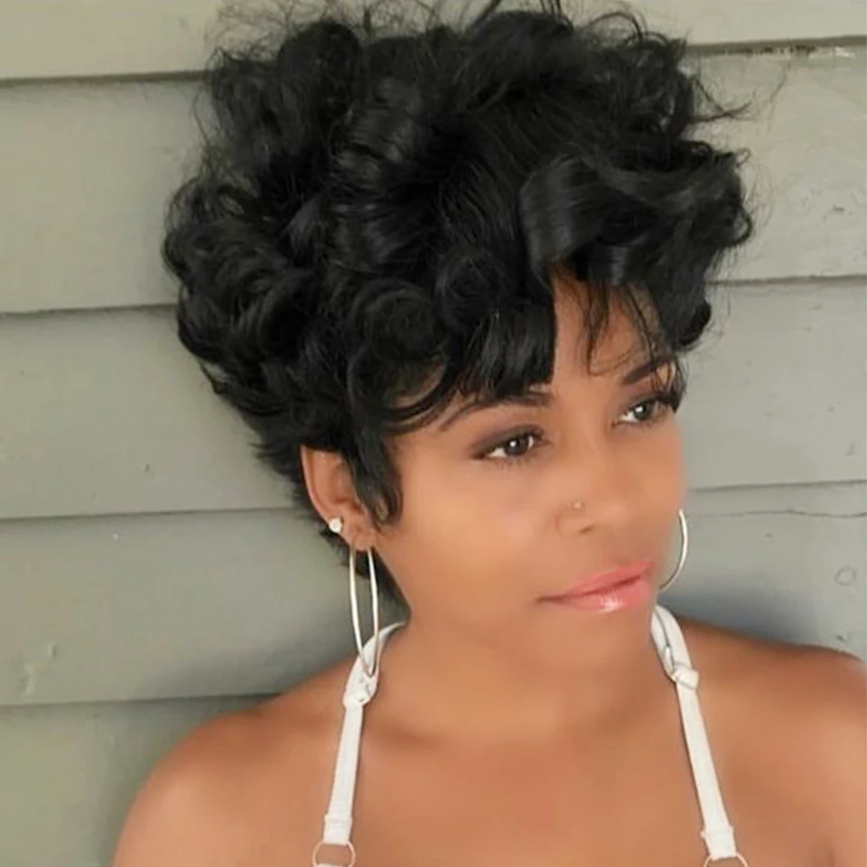 Top Trends: Bouncy Natural Wave Wig Human Hair Short Pixie Cut Wigs For Black Women Cheap Full Machine Glueless 150% Brazilian Hair Shoppable Styles