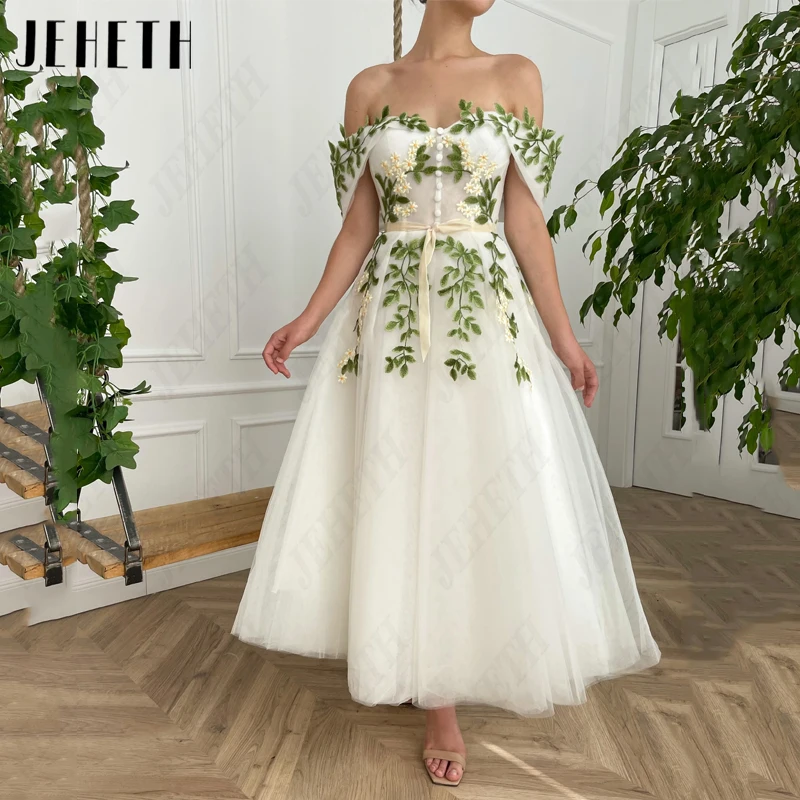 Top Trends: JEHETH Flowers Appliques Tulle Prom Dress Off Shoulder Sweetheart Evening Gown Backless A-Line Party Tea-Length Robes De Soirée Shoppable Styles