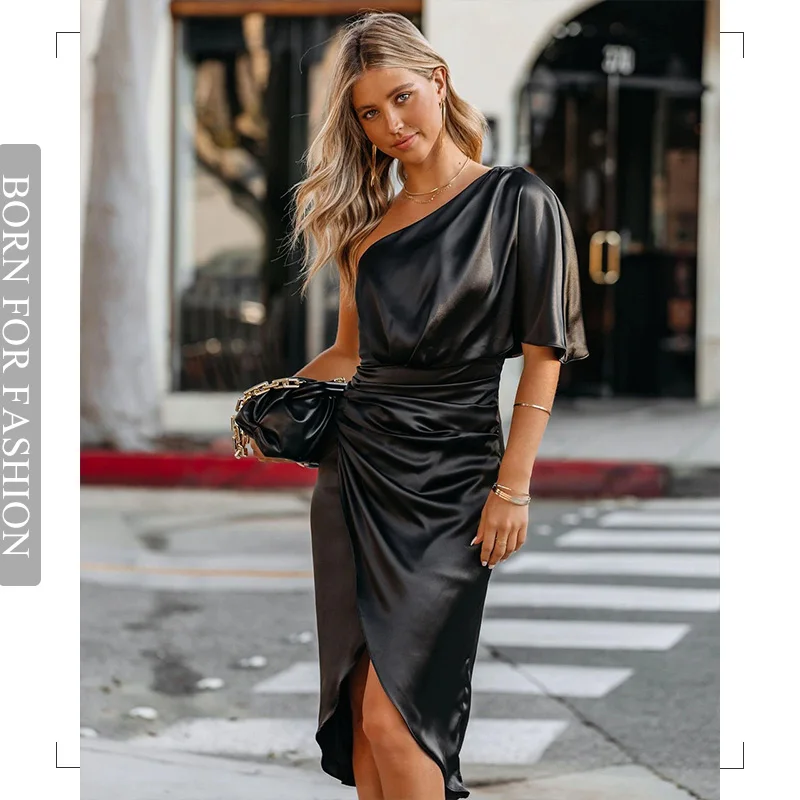 Top Trends: Bodycon Sexy Party Silk Robe Satin Dress Black Women Short Sleeve One Shoulder High Split Ruched Evening Dresses 2023 Summer Shoppable Styles