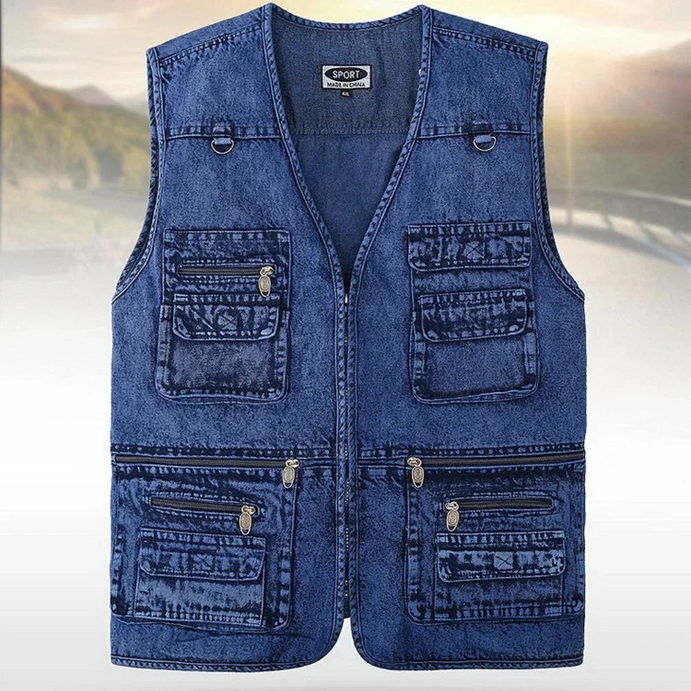 Top Trends: Men's Denim Vest Jacket Deep Blue Sleeveless Outerwear Waistcoat Multi-pocket Trucker Biker Jeans Sleeveless Jacket Gilet Shoppable Styles