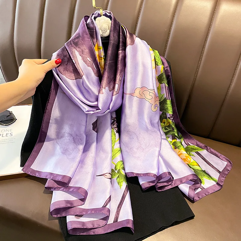 Top Trends: Spain Fashion Brand Women Silk Scarf Luxury Floral Stain Pashmina Shawls And Wraps Foulard Femme Bufandas Beach Hijab 180*90Cm Shoppable Styles - Image 4