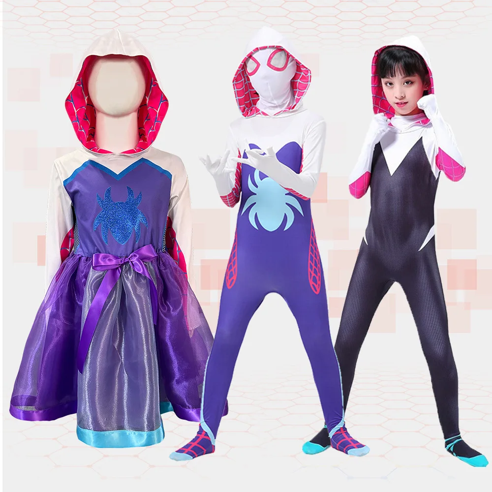 Top Trends: Girls Gwen Ghost Spider Costume Bodysuit Halloween Cosplay Hooded Holiday Party Costumes Girls Fantasy Sexy Dress Up Costume Shoppable Styles