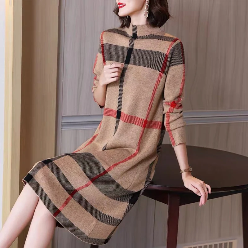 Top Trends: Winter Women&#039;s Wool Knitted Dress Striped Half High Collar Vintage Fashion Thick Sweater Style Female Clothing Shoppable Styles