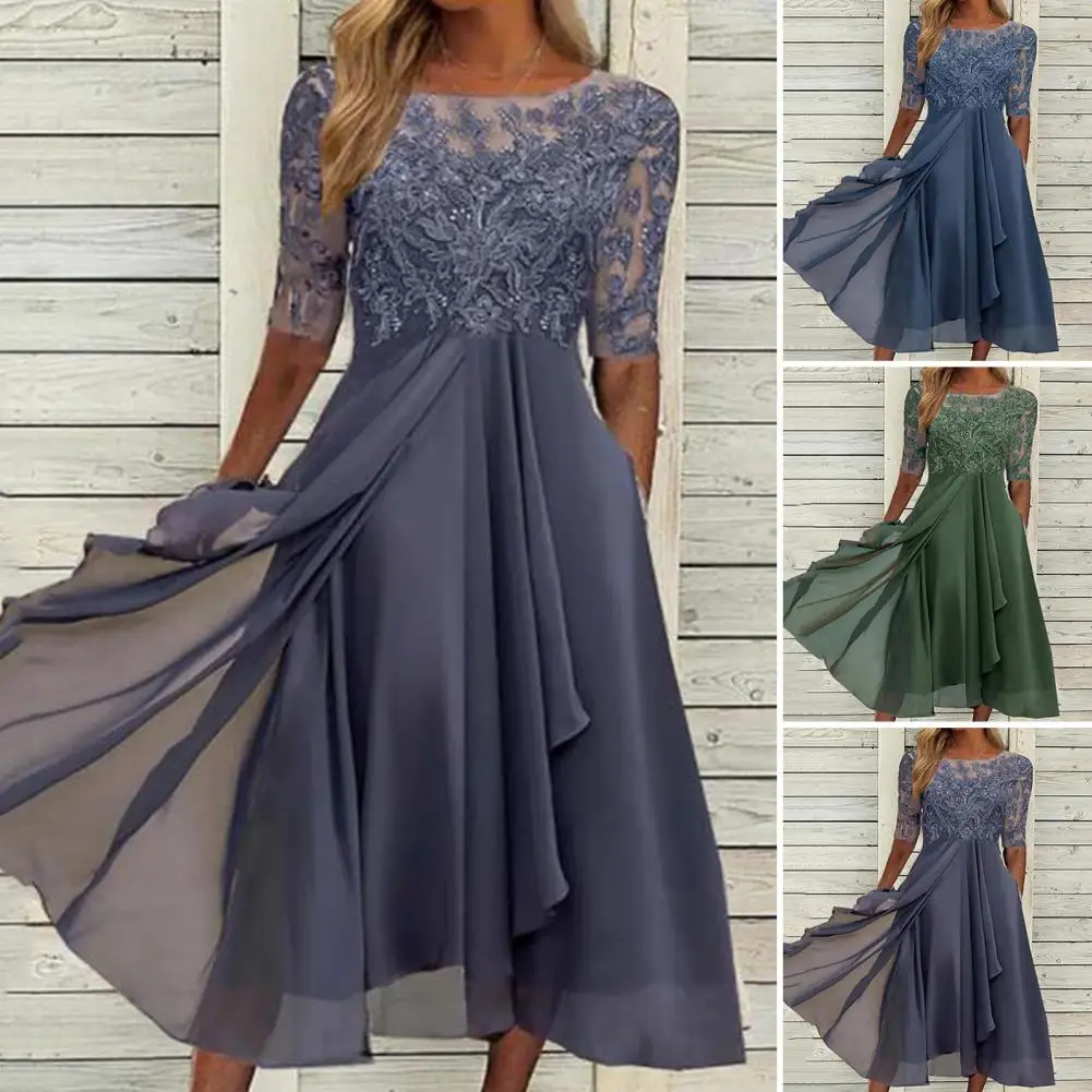 Top Trends: 80%HOTO-neck Half Sleeve Irregular Flowy Hem Bridesmaid Dress Elegant Crochet Lace Chiffon Patchwork Guest Midi Dress Female Clo Shoppable Styles