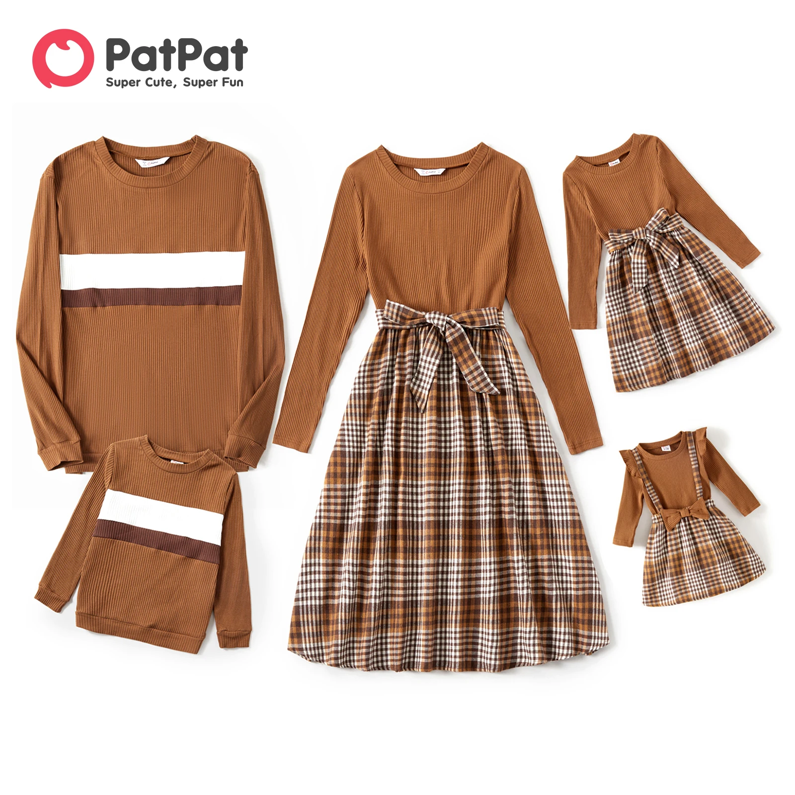 Top Trends: PatPat Family Matching Outfits Winter Coffee Ribbed Spliced Plaid Belted Dresses And Long-sleeve Colorblock Tops Clothes Set Shoppable Styles