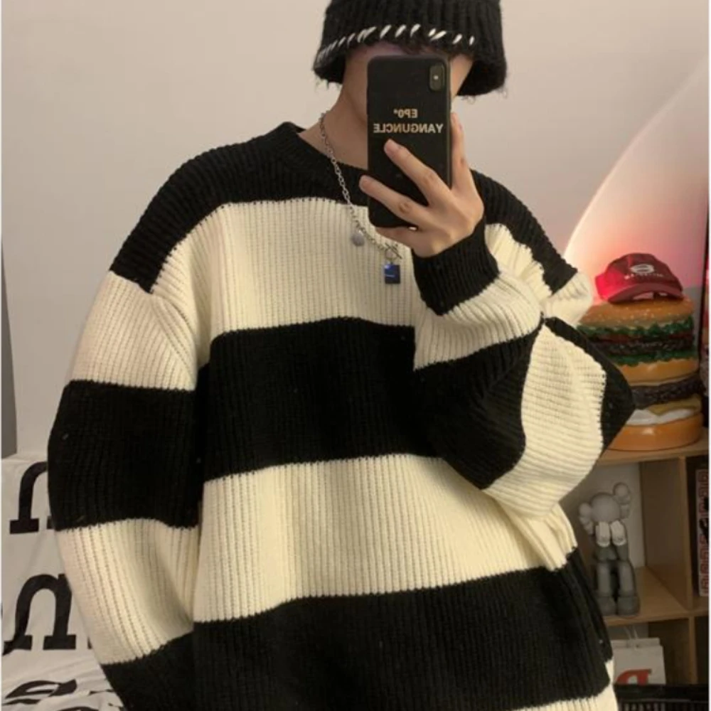 Top Trends: Fashion Korean Retro Striped Men Knitted Sweater Winter Y2K Street Style Personalized Warmth Harajuku Thickened Simple Hoodie Shoppable Styles