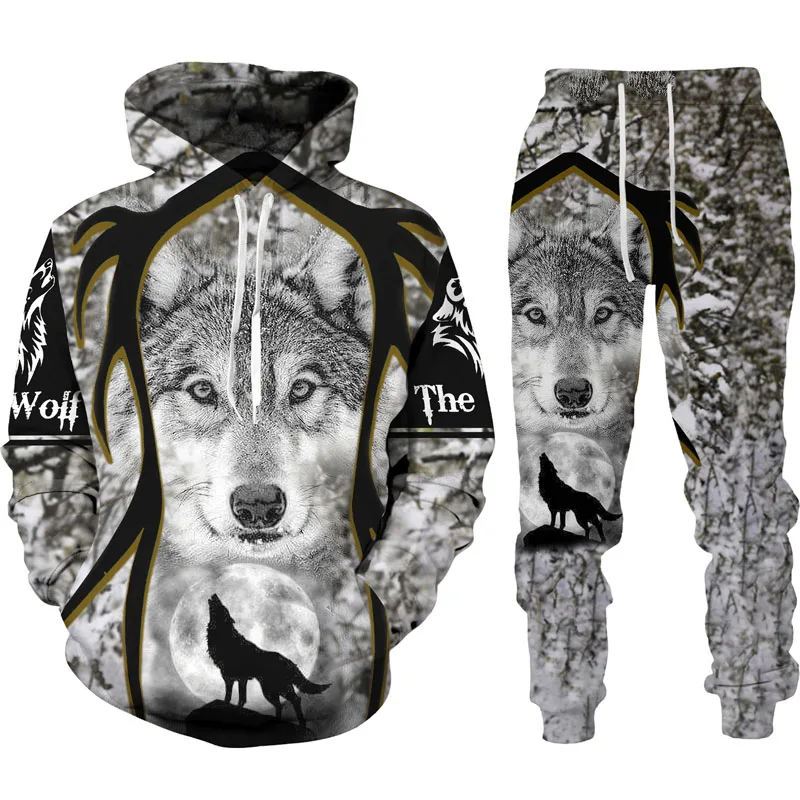 Top Trends: Spring Autumn 3D Animal War Wolf Printed Men&#039;s Hooded Sweater Set Male Sportswear Tracksuit Long Sleeve Men Clothing Suit Shoppable Styles