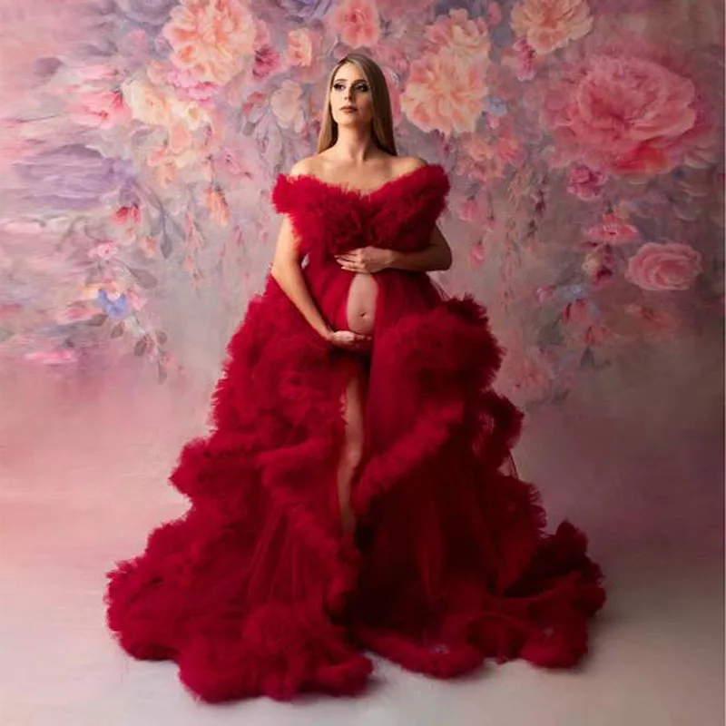 Top Trends: Red Ruffled Tulle Maternity Dresses For Pregnant Women Photo Shoot Prom Gown Split Flowy Baby Shower Dress Shoppable Styles