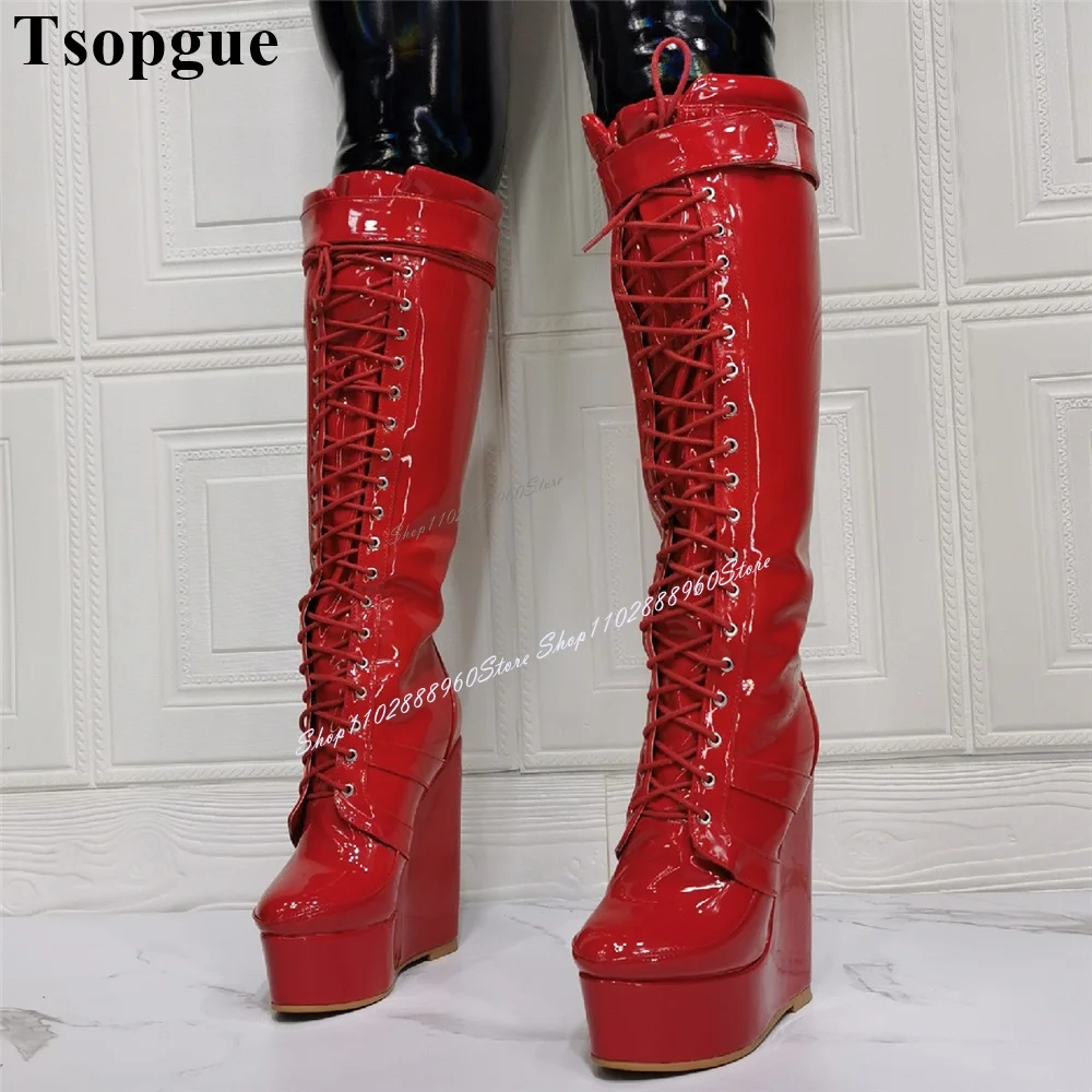 Top Trends: Cross-Tied Red Platform Patent Leather Hook Belt Boots Wedges Heel Women Shoes Round Toe 2024 Fashionable Zapatos Para Mujere Shoppable Styles