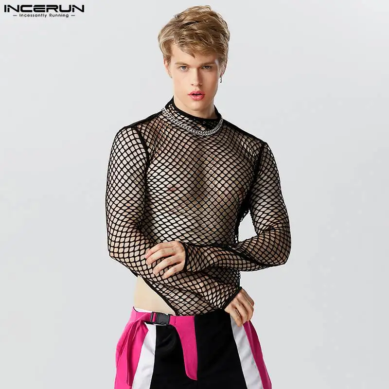 Top Trends: INCERUN 2023 Sexy Men&#039;s Homewear Bodysuits Half High Neck See-through Mesh Rompers Casual Male Thimble Long Sleeve Rompers S-5XL Shoppable Styles