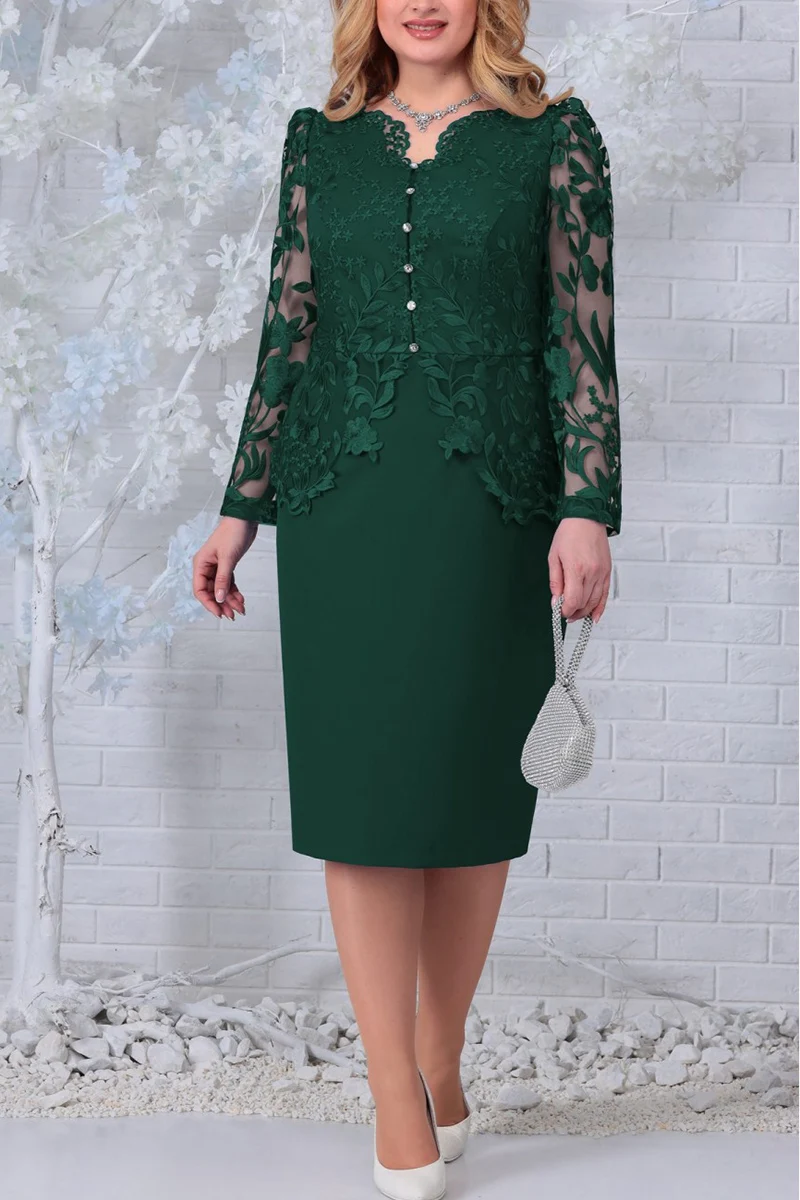 Top Trends: Women Midi Dress Plus Size Mesh Embroidery Long Sleeve Faux Two Pieces Lace V-Neck Button Slim Bodycon Office Lady Female Dress Shoppable Styles