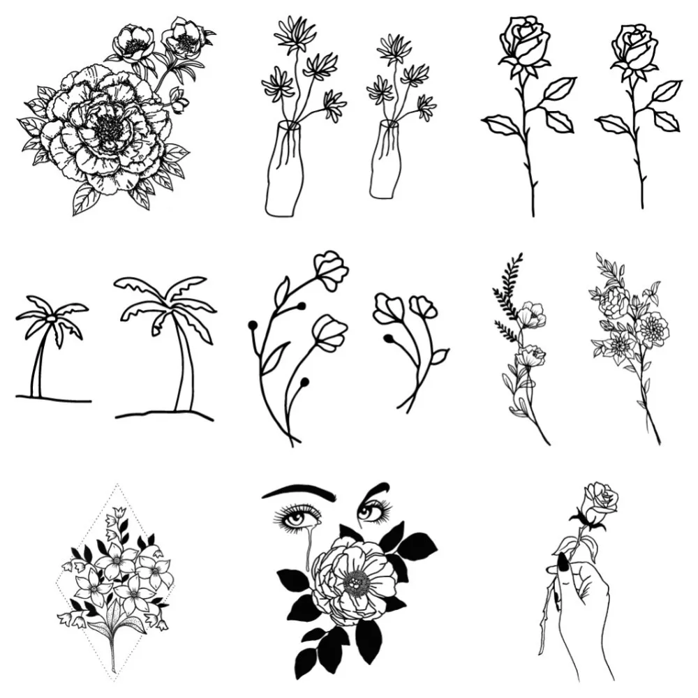 Top Trends: Small Size Sketch Flower Waterproof Temporary Tattoos, Black Minimalist Rose Pattern Female, Body Art Hand Finger Tattoo Sticker Shoppable Styles