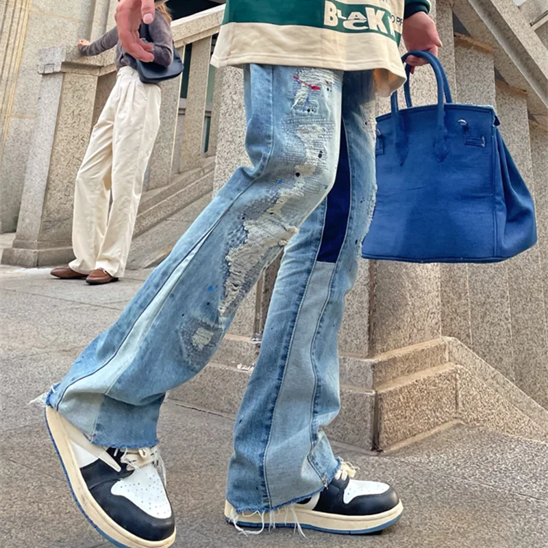 Top Trends: 2022 Kanye West Hole Ripped Straight Baggy Men Flare Jeans Pants Patchwork Distressed Washed Vintage Loose Punk Denim Trousers Shoppable Styles