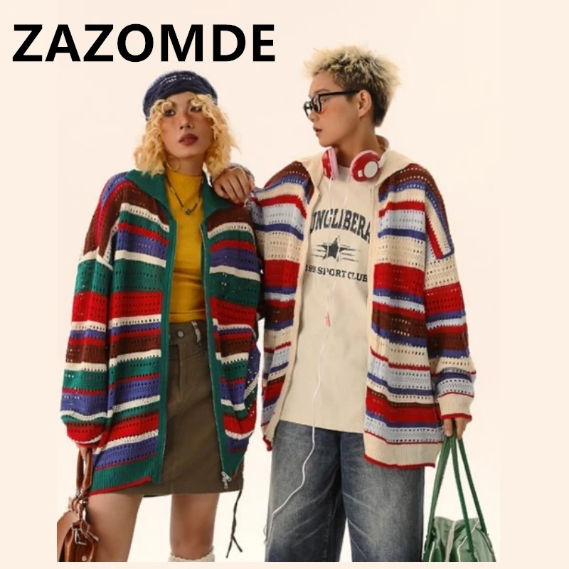 Top Trends: ZAZOMDE Knitwear Hollow Out Cardigan Sweater Trend Casual Tops Autumn Outerwear Korean Style Loose Couple Striped Sweater Coat Shoppable Styles