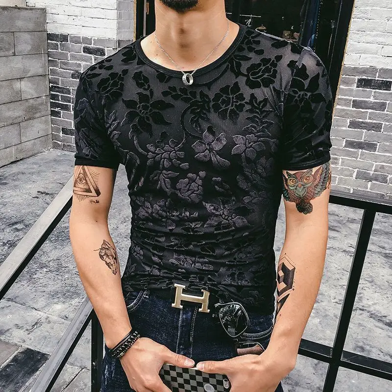 Top Trends: 2023 Summer New Velour Clothes Men&#039;s Hollow Out Breathable Tops Round Neck Slim Jacquard Weave T-shirt Shoppable Styles