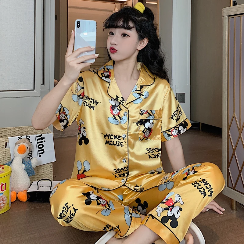 Top Trends: Disney Mickey Pajamas Set Silky Women 2 Piece Sleepwear Satin Cute Kawaii Pyjama Homewear Soft Causal Nightwear Autumn Winter Shoppable Styles