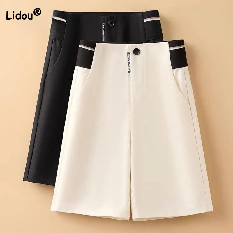 Top Trends: Female Korean Solid Color Spliced Casual Knee Pants Female Summer Fashion All-match High Waist Straight Pants Women&#039;s Clothing Shoppable Styles