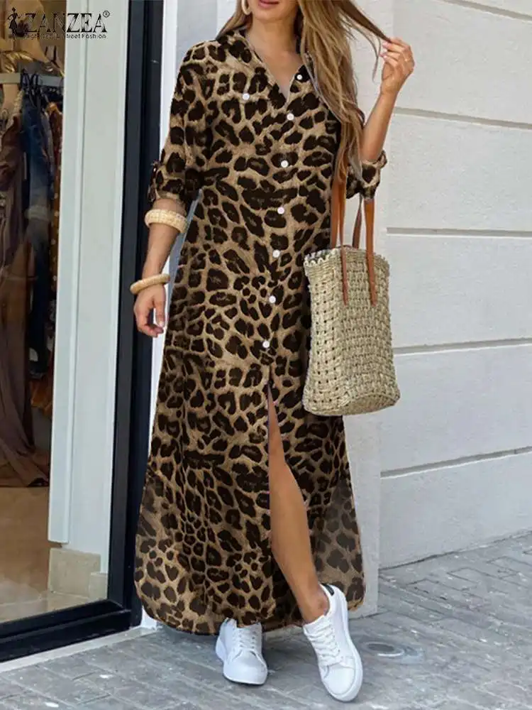 Top Trends: ZANZEA Party Vintage Leopard Robe 2023 Autumn Casual Long Sleeve Maxi Long Vestidos Dress Fashion Oversized Women Shirt Sundress Shoppable Styles