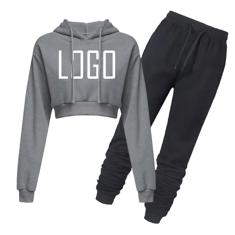 Top Trends: Custom Your Logo Women Solid Crop Top Hoodied Fleece Clothing Long Sleeve Drawstring Pants Tracksuit 2 Pieces Set Outdoor Shoppable Styles