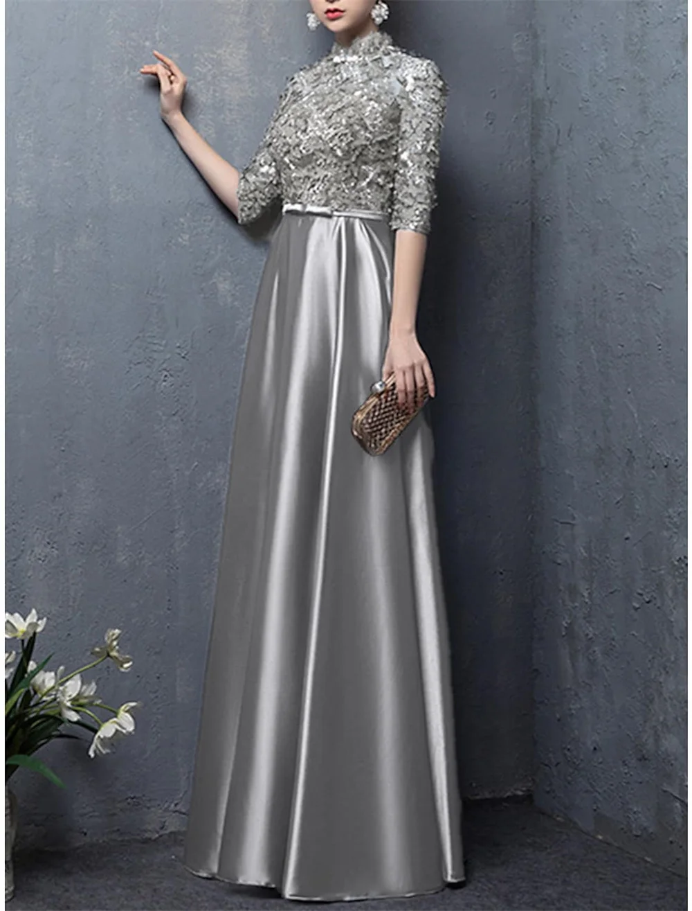 Top Trends: Mother Of The Bride Dress Elegant Vintage High Neck Floor Length Satin Half Sleeve With Bow Appliques Vestidos De Boda Invitada Shoppable Styles