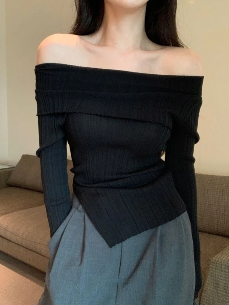 Top Trends: Deeptown Korean Fashion Black Knitted Sweater Women Harajuku Sexy Slim Off Shoulder Jumper Elegant Casual Crop Tops Streetwear Shoppable Styles