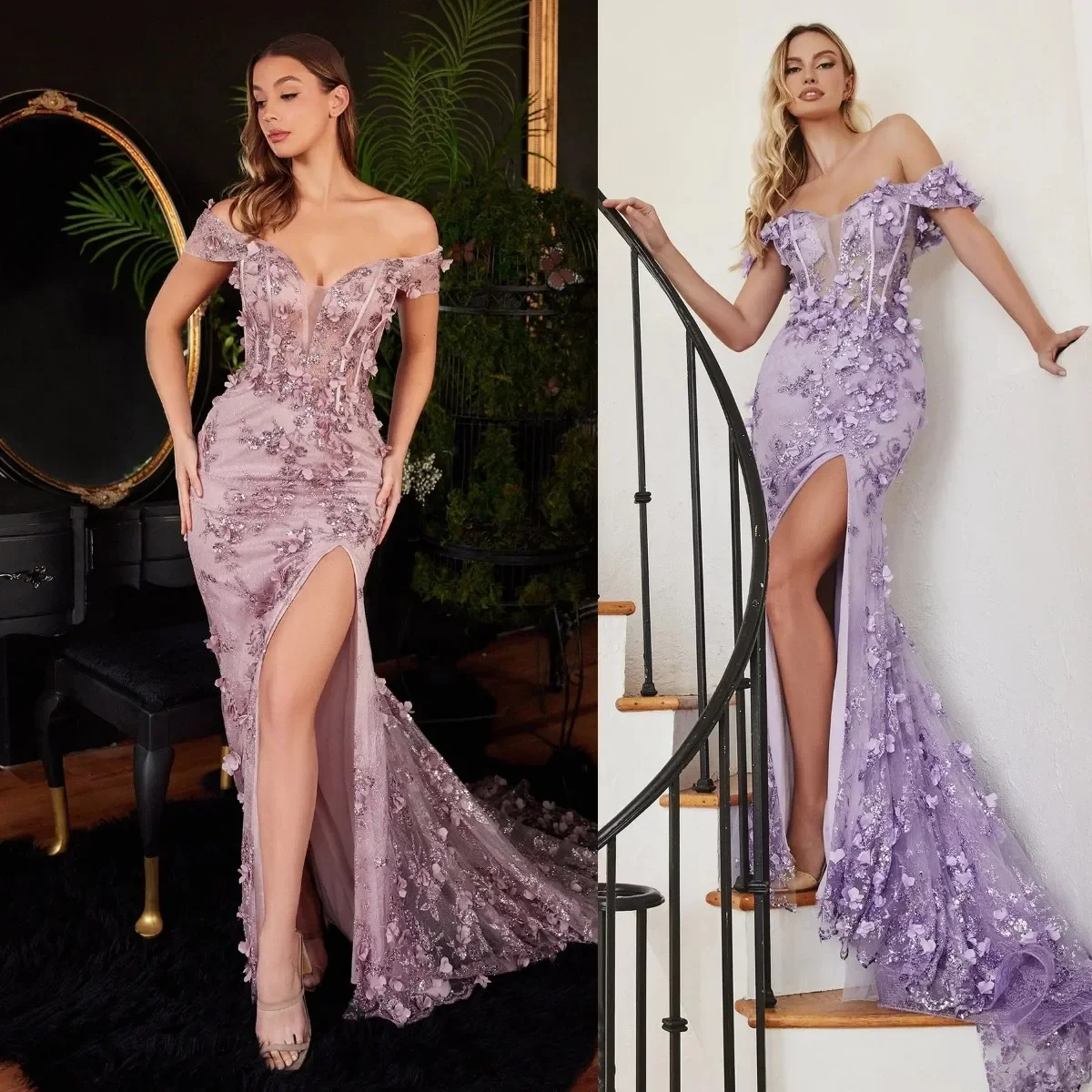 Top Trends: Purple Pretty Mermaid Evening Dress Off Shoulder 3D Floral Sweetheart Sequins For Women Prom Gown Side Slit Vestidos De Noche Shoppable Styles