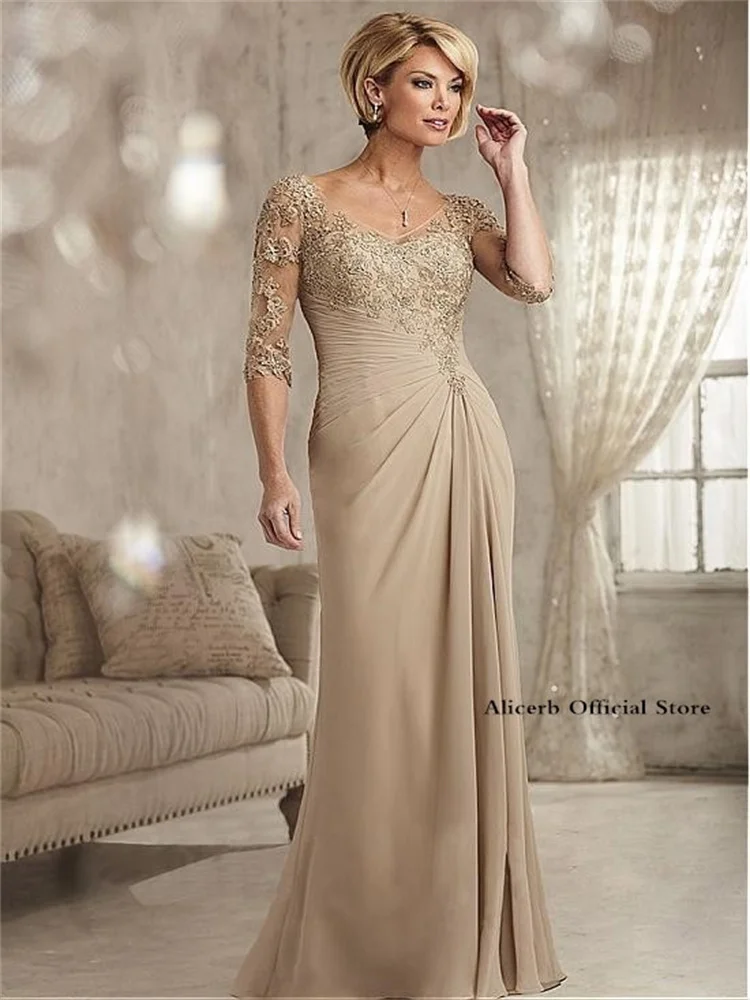 Top Trends: Elegant Mother Of The Bride Dresses Beaded Lace Champagne Prom Dress Chiffon Half Sleeves Groom Mother Evening Dress Custom Made Shoppable Styles