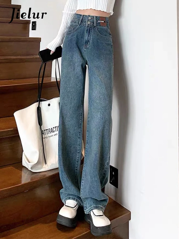 Top Trends: Jielur Straight Slim Double Buttons Chic Women&#039;s Jeans Fashion Solid Color High Waist Winter Casual Simple Female Wide Leg Pants Shoppable Styles