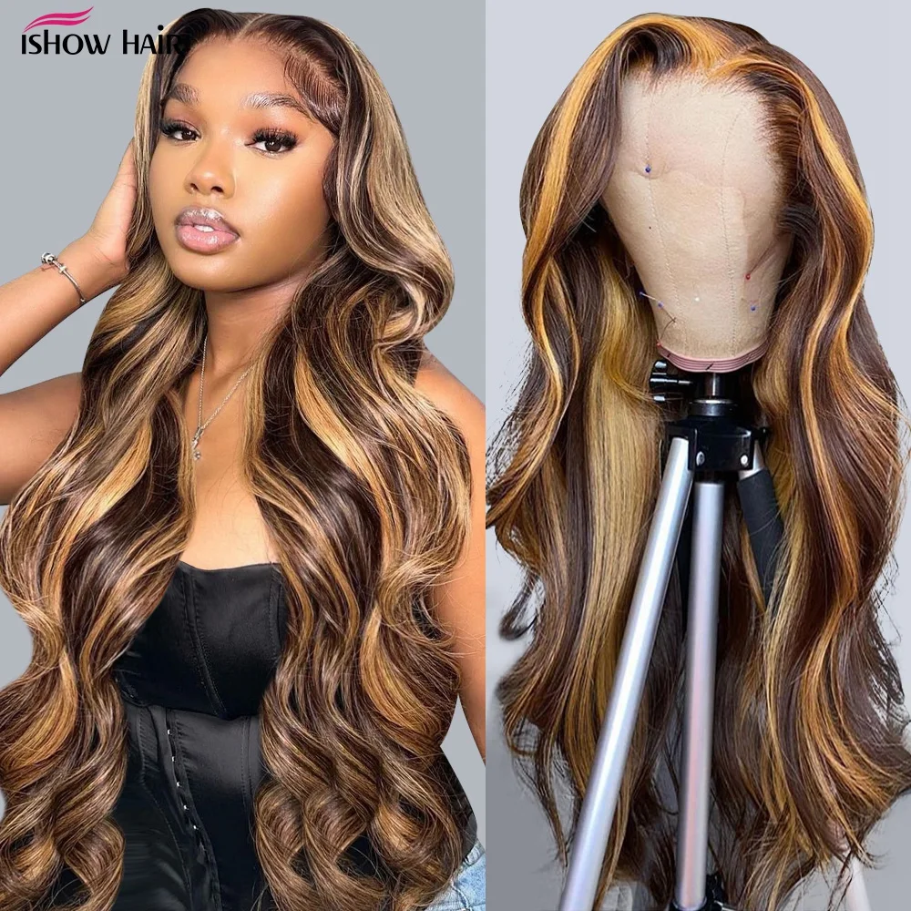 Top Trends: Ishow 30 Inch Highlight Honey Blonde Body Wave Lace Front Wig 13x4 HD Lace Frontal Wig Pre Plucked Brazilian Hair Wigs For Women Shoppable Styles