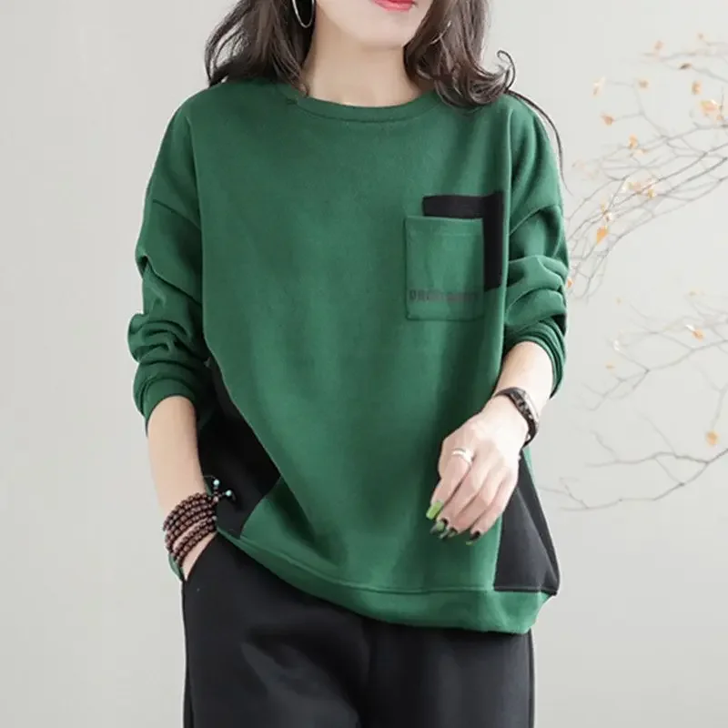 Top Trends: 2023 Autumn And Winter New Korean Version Temperament Women&#039;s Clothing Fashion Splice Pockets Round Neck Long Sleeve Pullover Shoppable Styles