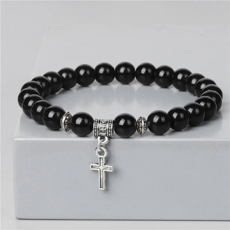 Top Trends: Trendy Men Beads Bracelet Slivers Color Cross Pendant Bracelet Natural Stone Bracelets Charm For Women Healing Prayer Jewelry Shoppable Styles