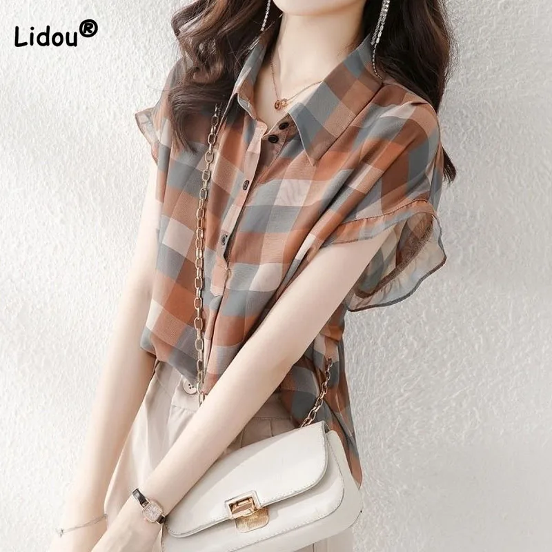 Top Trends: Temperament Vintage Plaid Turn-down Collar Shirt For Female Fashion Casual Short Sleeve Button Blouse Summer Women&#039;s Clothing Shoppable Styles