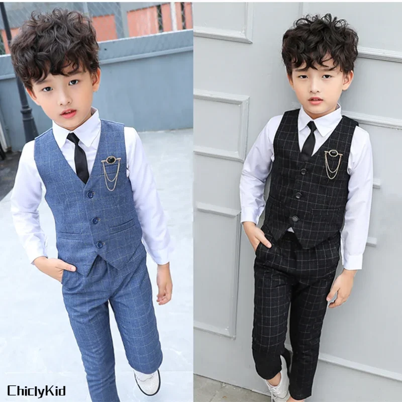 Top Trends: Boy Plaid Vest Blazer Kids Waistcoat Wedding Clothes Set Toddler Formal Dress Suit Child Brooch Shirt Pant Baby Gentlemen Outfit Shoppable Styles