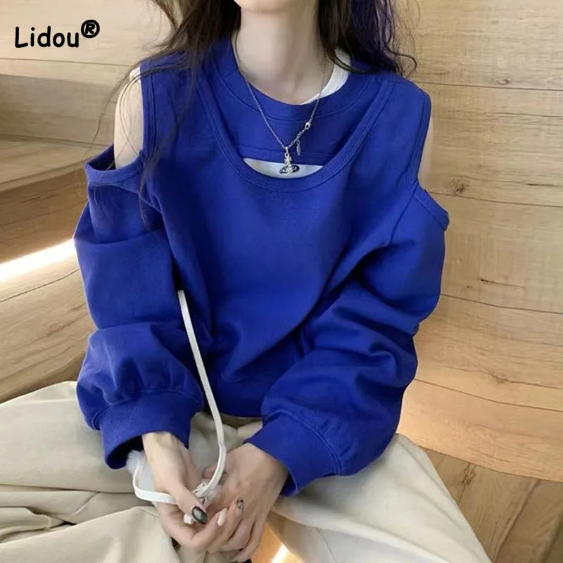 Top Trends: New Fashion Trend Off Shoulder Solid Color Sweatshirts Women&#039;s Clothing Autumn Winter Simplicity All-match Hollow Out Pullovers Shoppable Styles