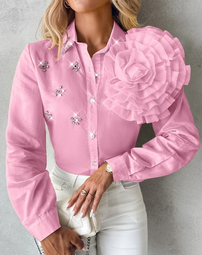 Top Trends: Women's Shirt 2023 Autumn / winter New Fashion Versatile Polo Rose Detail Rhinestone Turn Down Collar Top Temperament Commuting Shoppable Styles