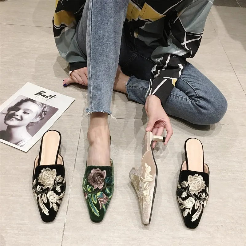 Top Trends: Women Slippers Pointed Toe Slip On Half Slippers Fashion Elegant Embroider Mules Autumn Outdoor Casual Ladies Middle Heel Slides Shoppable Styles