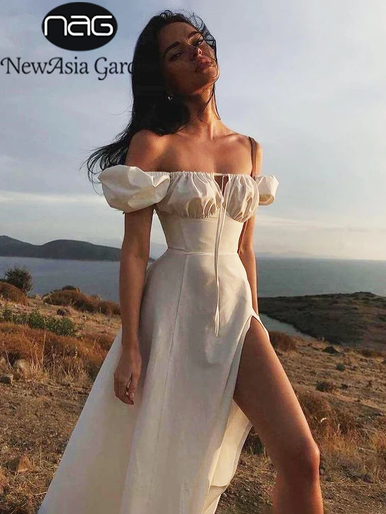 Top Trends: NewAsia Puff Sleeve White Dress Off Shoulder Cut Out Tie Up Side Split Ruched Long Dress Robe Femme Summer Dress For Women 2022 Shoppable Styles