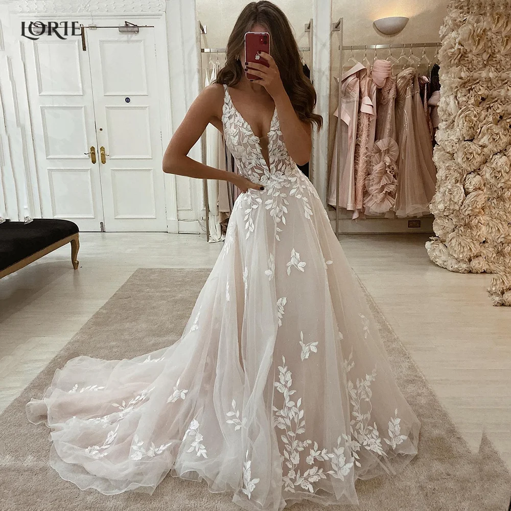 Top Trends: LORIE Blush Pink Lace Elegant Wedding Dresses Low-Cut V-Neck Appliques A-Line Bride Gowns Princess Spaghetti Straps Bridal Gown Shoppable Styles