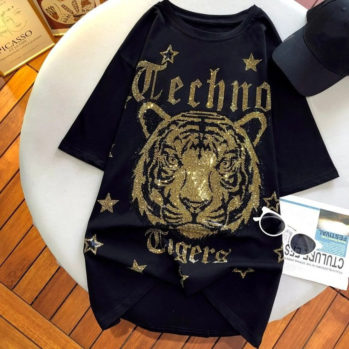 Top Trends: XL-4XL Rhinestone Tiger Luxury T-shirts Plus Size 150KG For Women Short Sleeve V-neck Loose Cotton Oversized Tunic Ladies Shoppable Styles