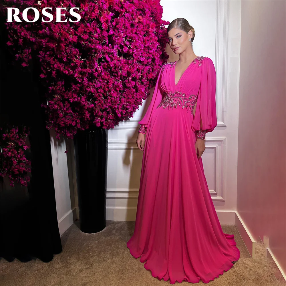 Top Trends: ROSES Fuchsia V Neck Evening Gown Chiffion Elegant Prom Dress Sequin Embroidery Beading Wedding Evening Dress Robes De Soirée Shoppable Styles