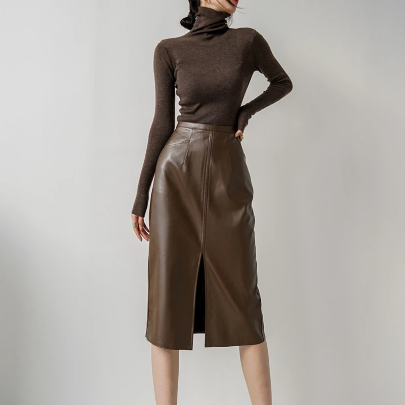 Top Trends: Genuine Leather Mid Length 2024 Fashionable Versatile Coffee Colored Long Skirt With Buttocks Sheepskin Women Half Length Skirt Shoppable Styles