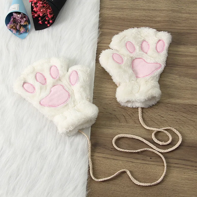 Top Trends: Winter Women Cartoon Cat Claw Gloves Thickened Plush Lovely Bear Paw Exposed Fingers Half Mittens Warm Girls Christmas Gift Shoppable Styles