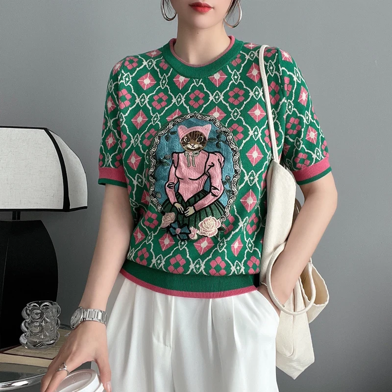 Top Trends: New Summer Women Knitted Sweater European Style Cartoon Pattern Fashion Jacquard Round Neck Short Sleeve Casual Jumpers Knitwear Shoppable Styles