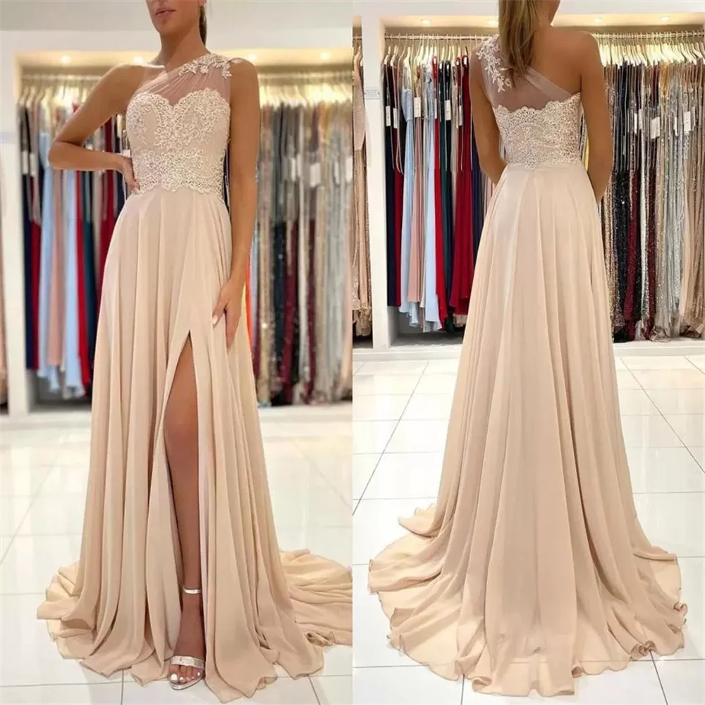 Top Trends: Champagne Chiffon One Shoulder Evening Prom Dresses A Line Sheer Straps Appliques Long Bridesmaid With Split Vestidos De Gala Shoppable Styles