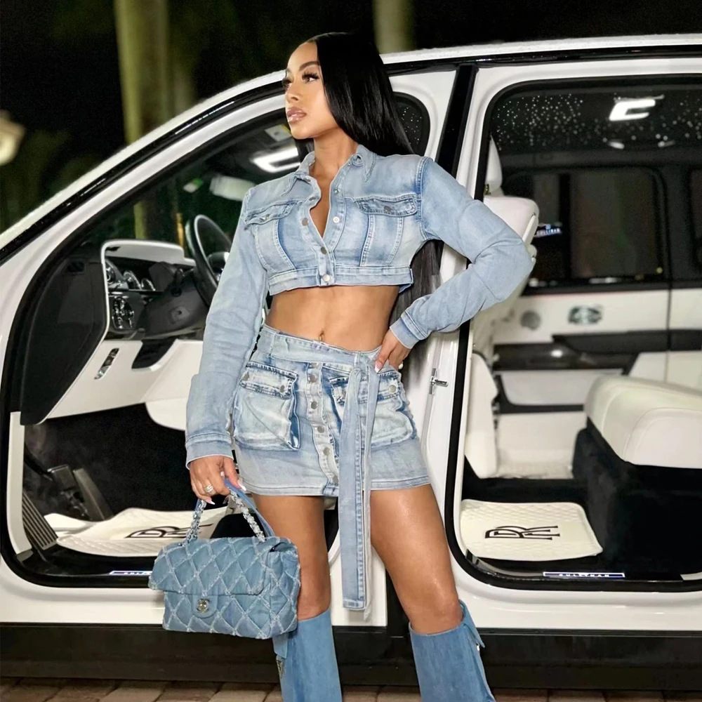 Top Trends: Denim Jackets Jean Dress 2 Piece Skirt Sets Winter Outfit Y2K Streetwear Denim Jean Dress Sexy Crop Tops Jackets Two Piece Set Shoppable Styles