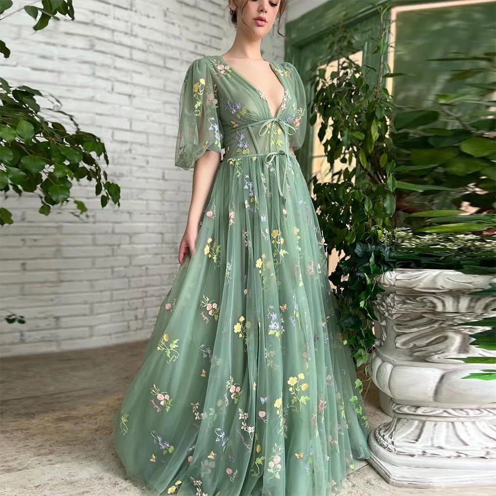 Top Trends: Sevintage Green Embroidery Lace Prom Dresses Puff Sleeves A-Line Long Wedding Party Gowns Open Back Tulle Evening Dress 2022 Shoppable Styles