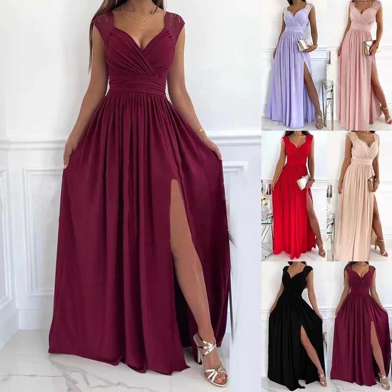 Top Trends: 2023 Summer Women&#039;s Fashion Temperament Elegant Sexy Solid V-Neck Mid Waist Pleated Sleeveless Lace Open Back Bottom Split Dress Shoppable Styles