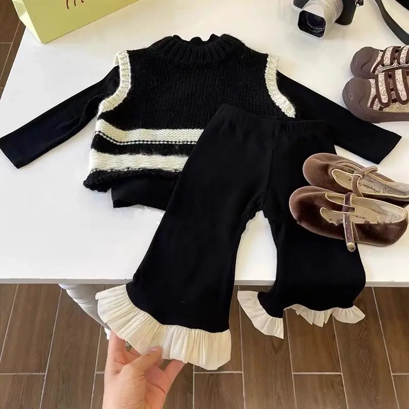 Top Trends: Three Piece Set Girls&#039; Spring And Autumn Set 2023 New Color Matching Woolen Vest Girl Knitted Bottom Shirt Flare Pants Shoppable Styles